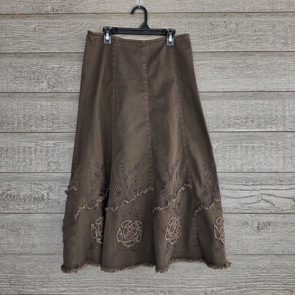 Vintage Dresses & Skirts - Vintage Brown Denin Floral Embroidered A-Line Skirt